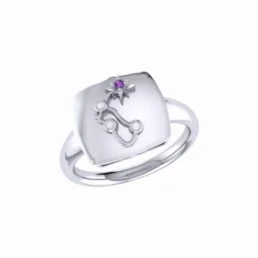 Aquarius Water-Bearer Amethyst & Diamond Constellation Signet Ring in Sterling Silver