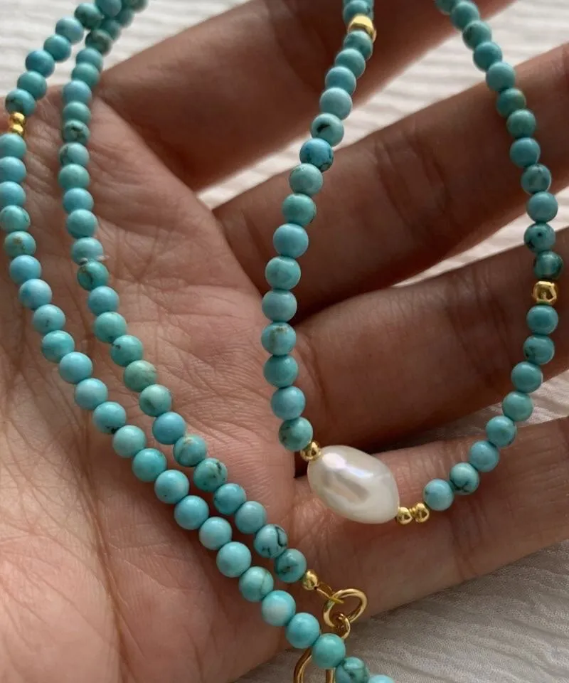 Art Green Sterling Silver Overgild Turquoise Pearl Necklace ML0254