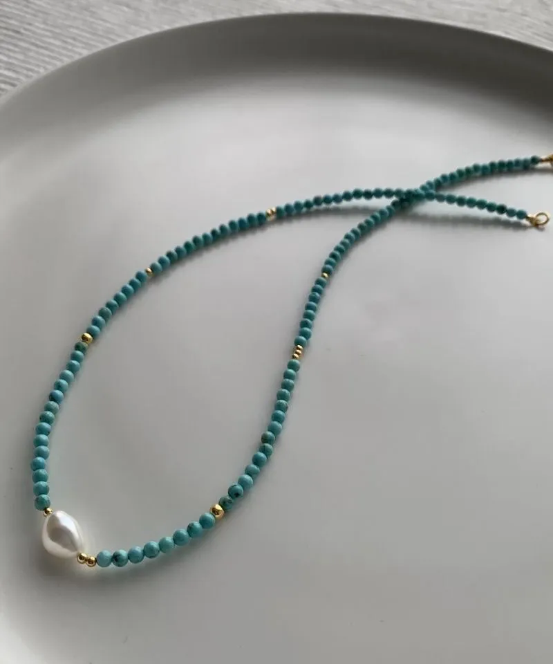 Art Green Sterling Silver Overgild Turquoise Pearl Necklace ML0254
