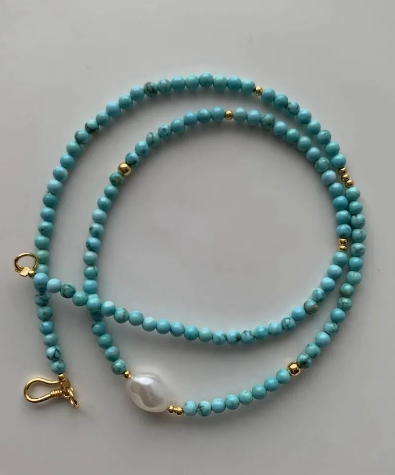 Art Green Sterling Silver Overgild Turquoise Pearl Necklace ML0254