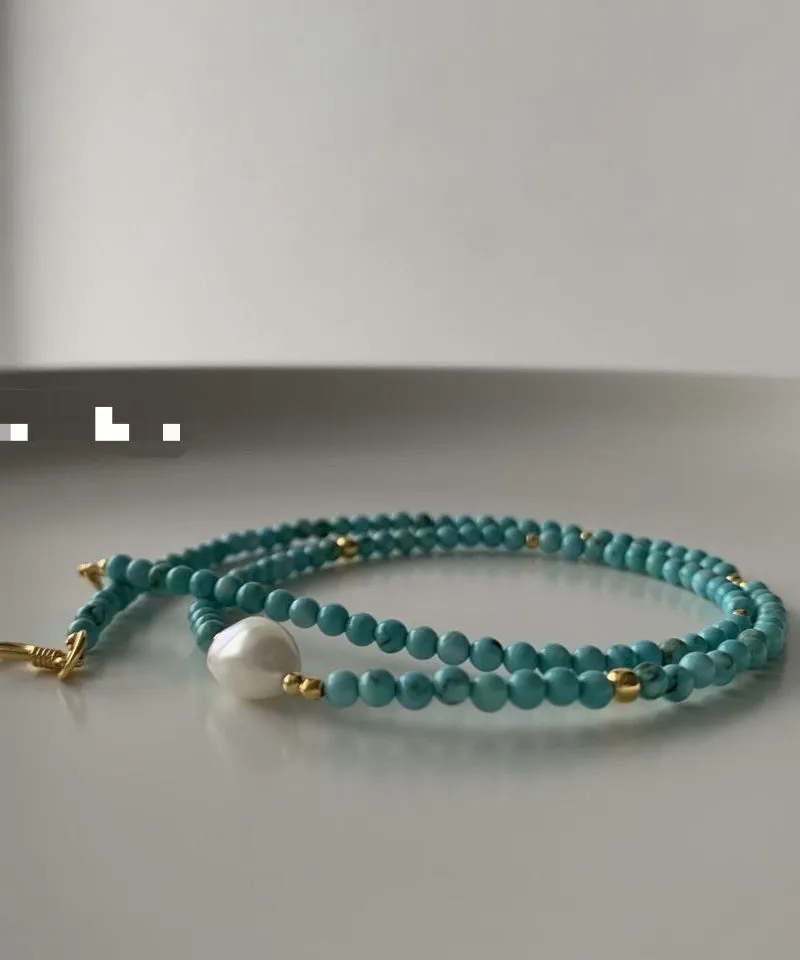 Art Green Sterling Silver Overgild Turquoise Pearl Necklace ML0254