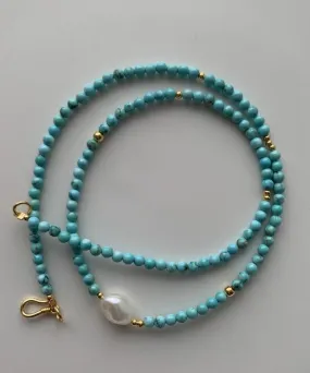 Art Green Sterling Silver Overgild Turquoise Pearl Necklace ML0254