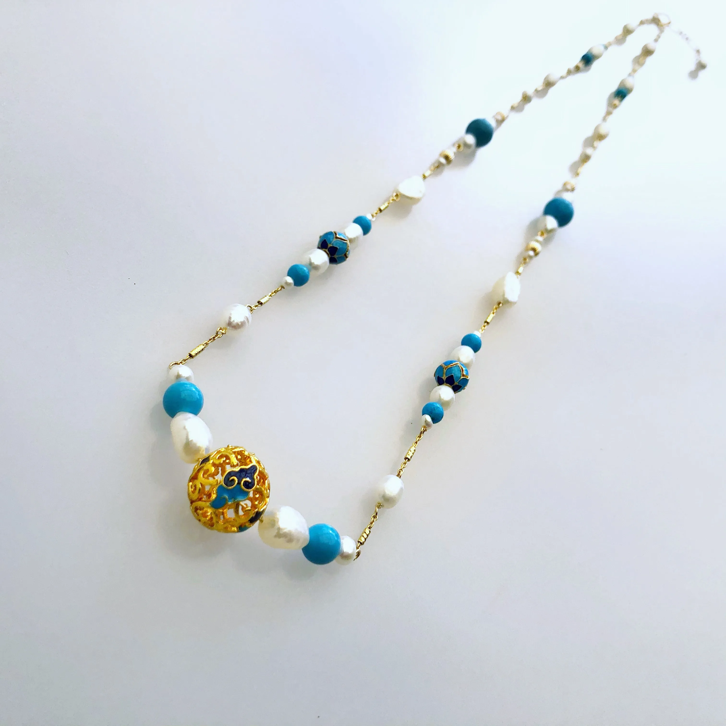 Auspicious Turquoise and Pearl Long Necklace