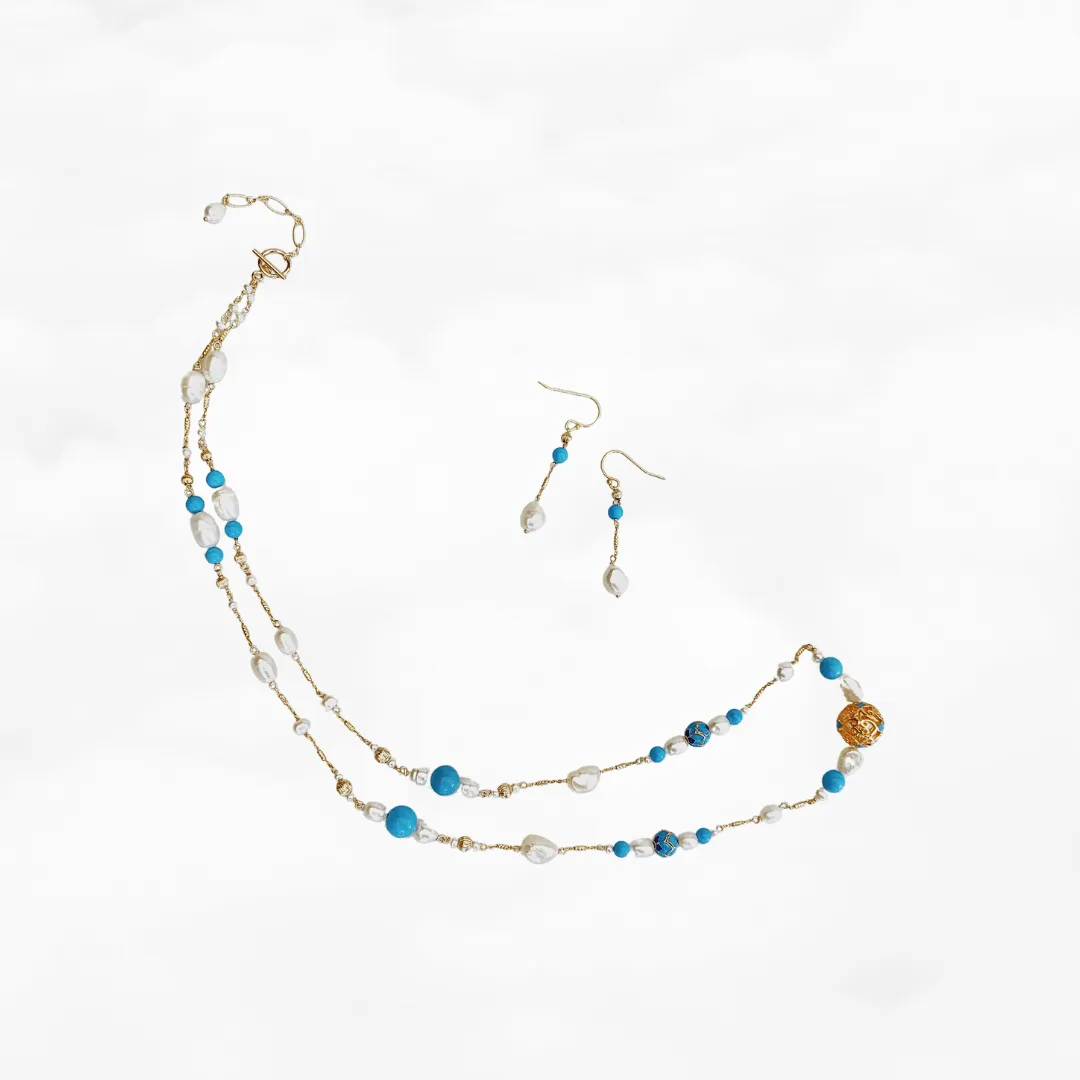 Auspicious Turquoise and Pearl Long Necklace