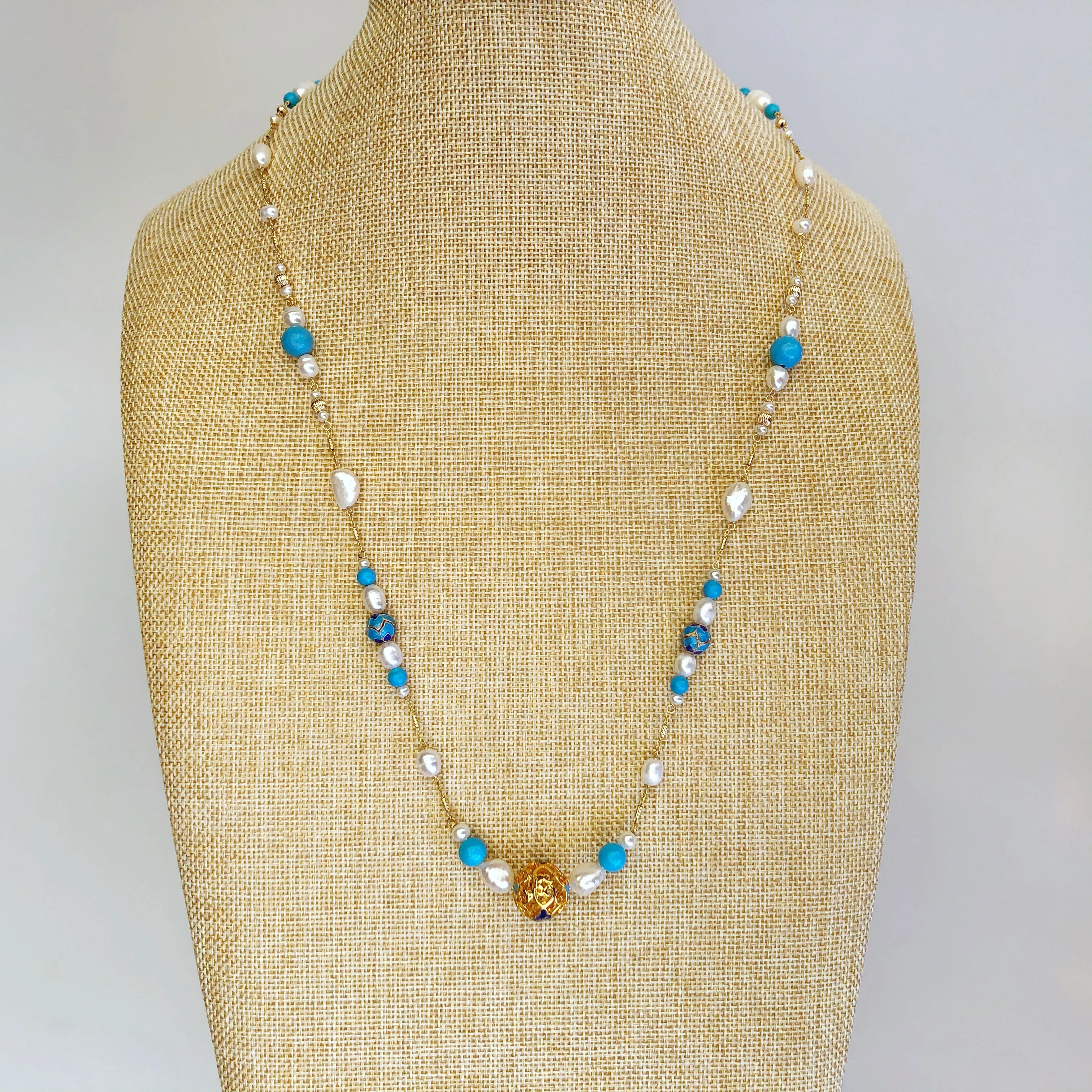Auspicious Turquoise and Pearl Long Necklace