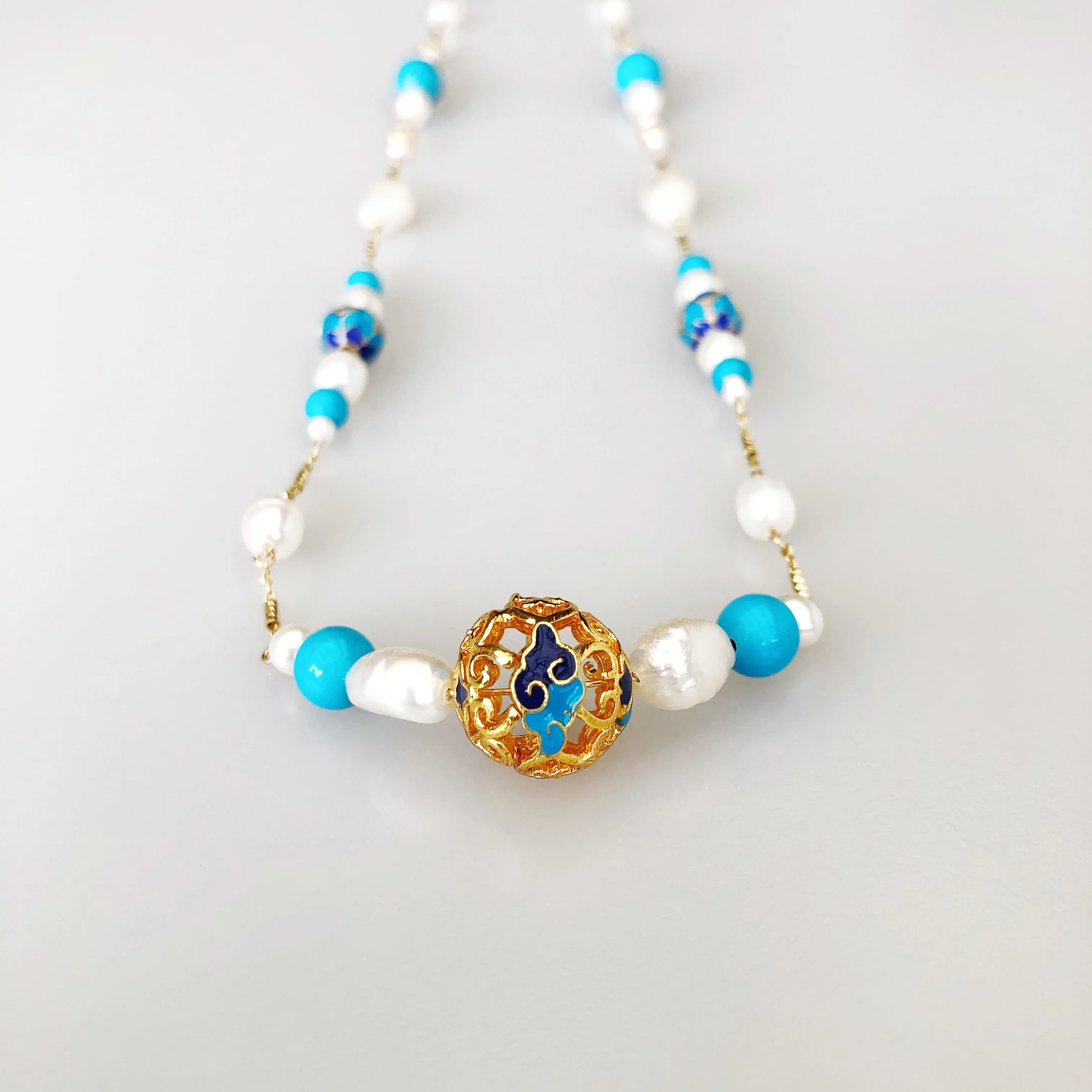 Auspicious Turquoise and Pearl Long Necklace