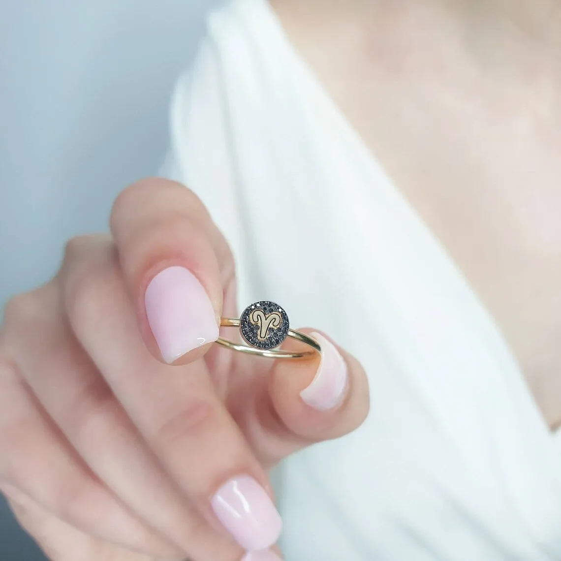 Black Diamond Ring With Zodiac Sign