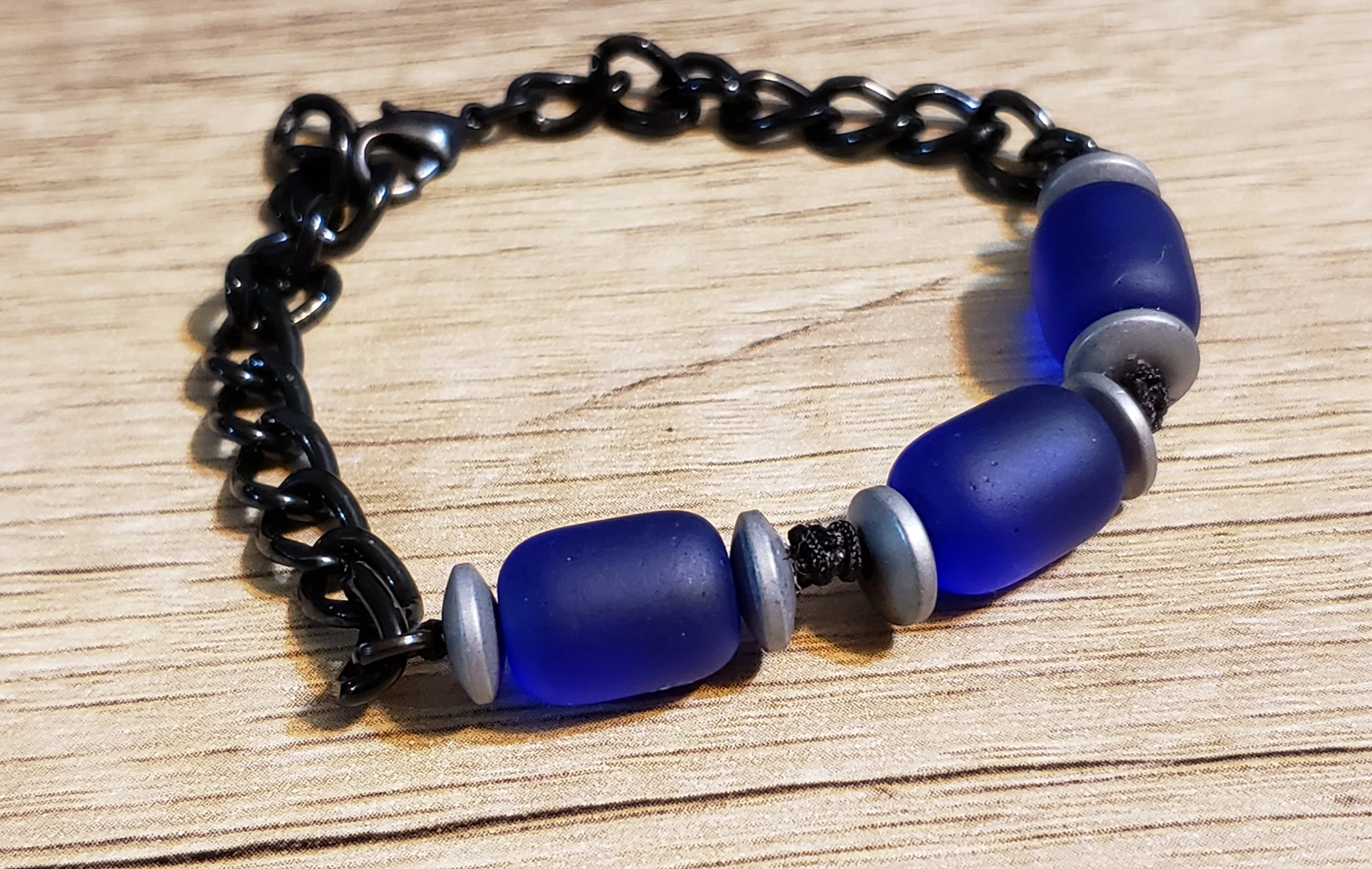 Blue Czech Glass Bracelet & Black Chain. Hand Crafted with Adjustable with Lobster Claw Clasp  
