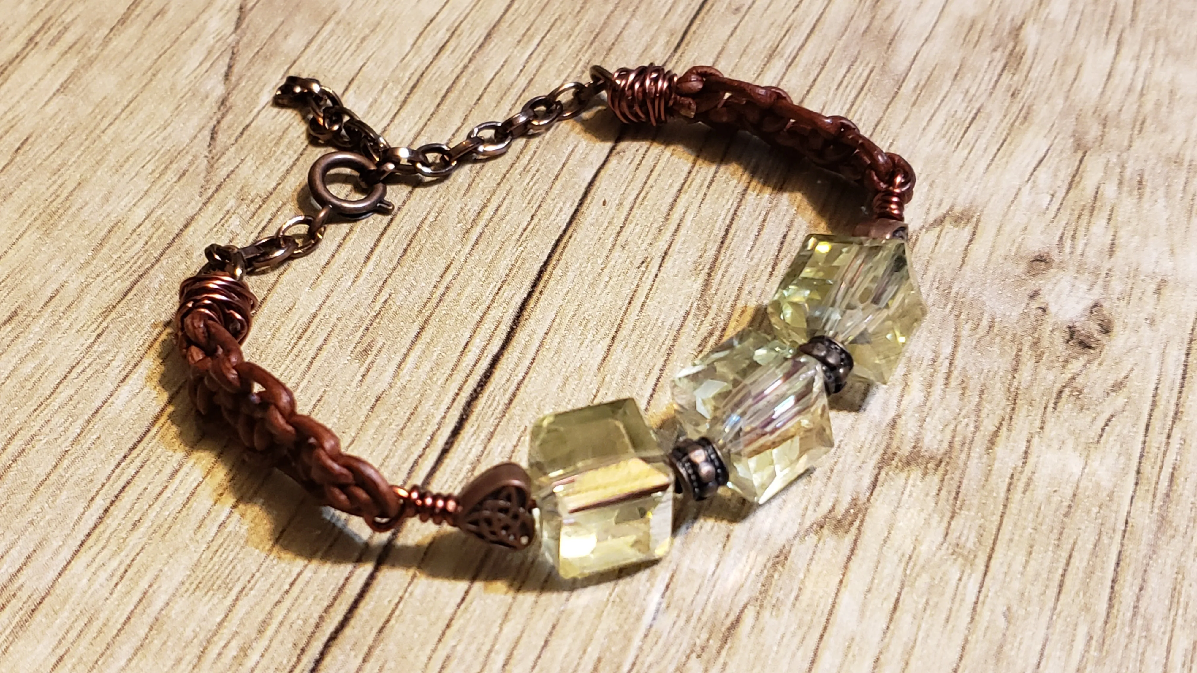 Brown Genuine Leather Bracelet with Czech Glass & Non Tarnish Chain & Lobster Claw Clasp