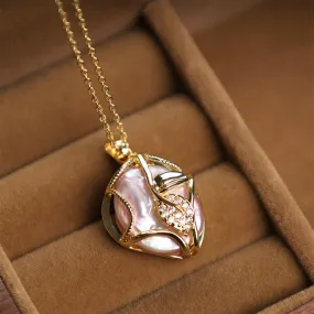 Buddha Stones 18K Gold Plated Copper Natural Baroque Pearl Flower Sincerity Necklace Pendant