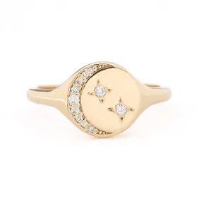 Crescent Moon Diamond Star Signet Ring