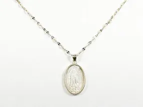 Elegant Mother Of Pearl Religious Guadalupe Figure Gold Tone Silver Necklace