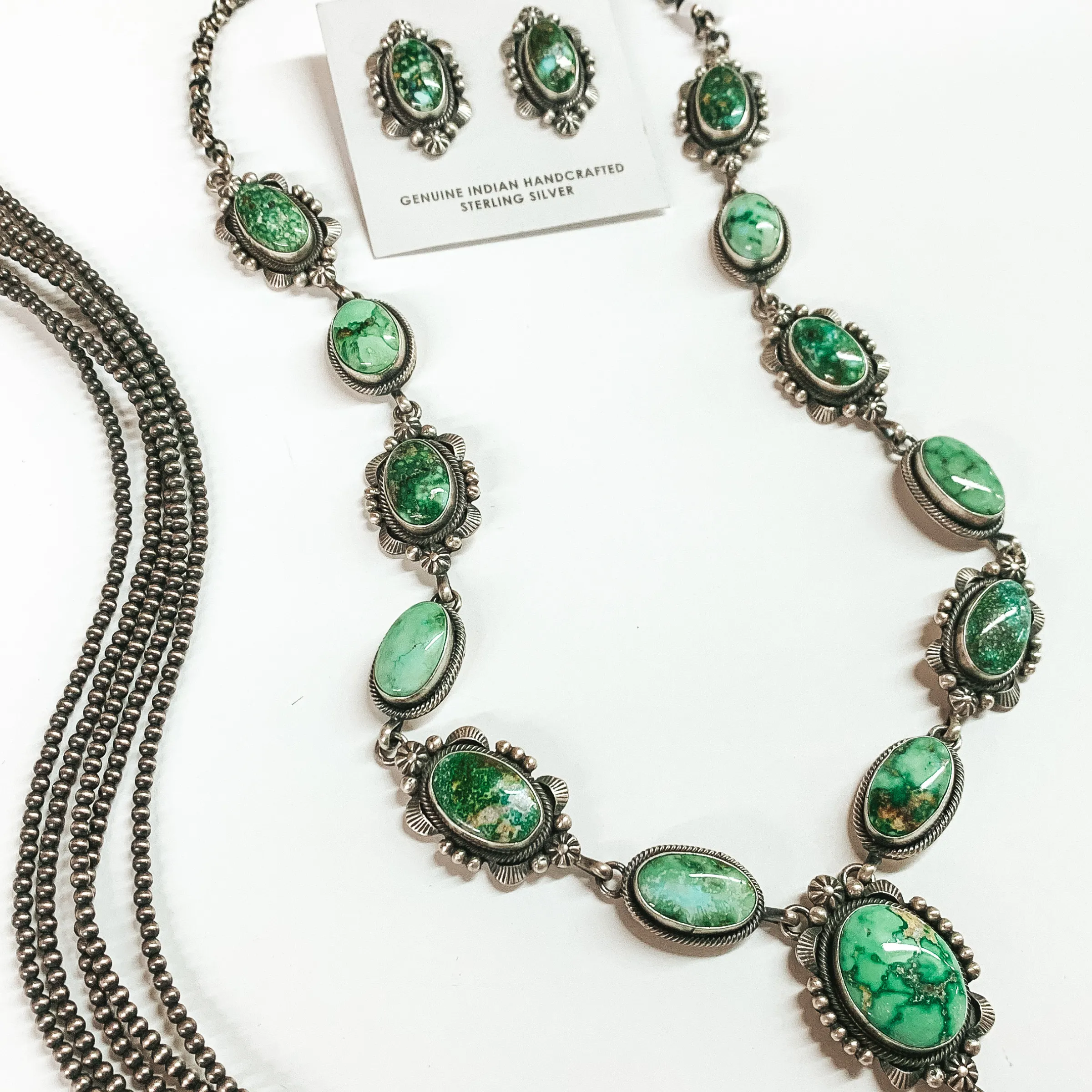Eli Skeets | Navajo Handmade Sterling Silver and Sonoran Gold Turquoise Lariat Necklace   Matching Earrings