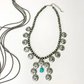 Faux Navajo Pearl Necklace with a Buffalo Nickel Naja Pendant and Faux Turquoise Blue Charm