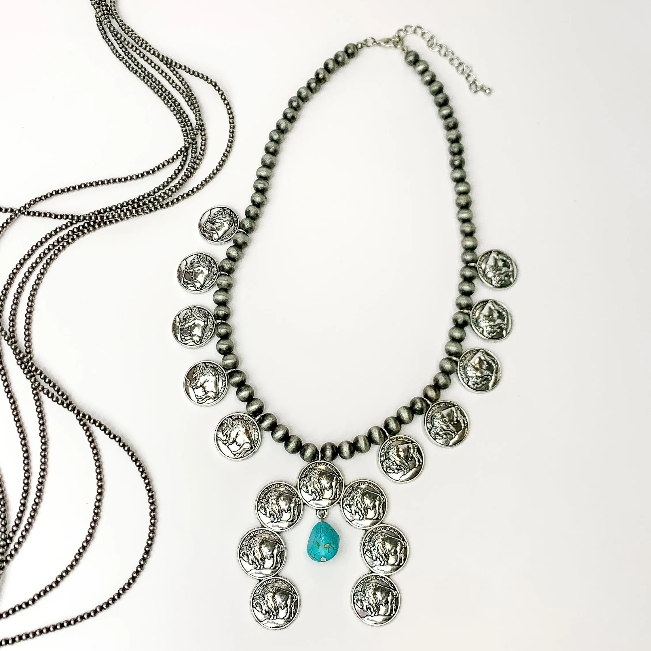 Faux Navajo Pearl Necklace with a Buffalo Nickel Naja Pendant and Faux Turquoise Blue Charm