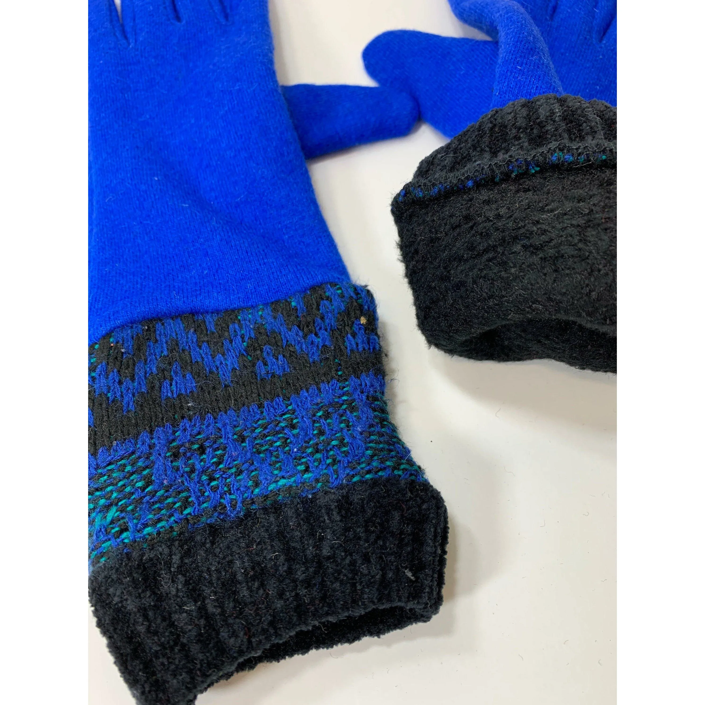 Fully lined blue wool gloves in soft stretch wool and recycled sweater cuffs. Free shipping.