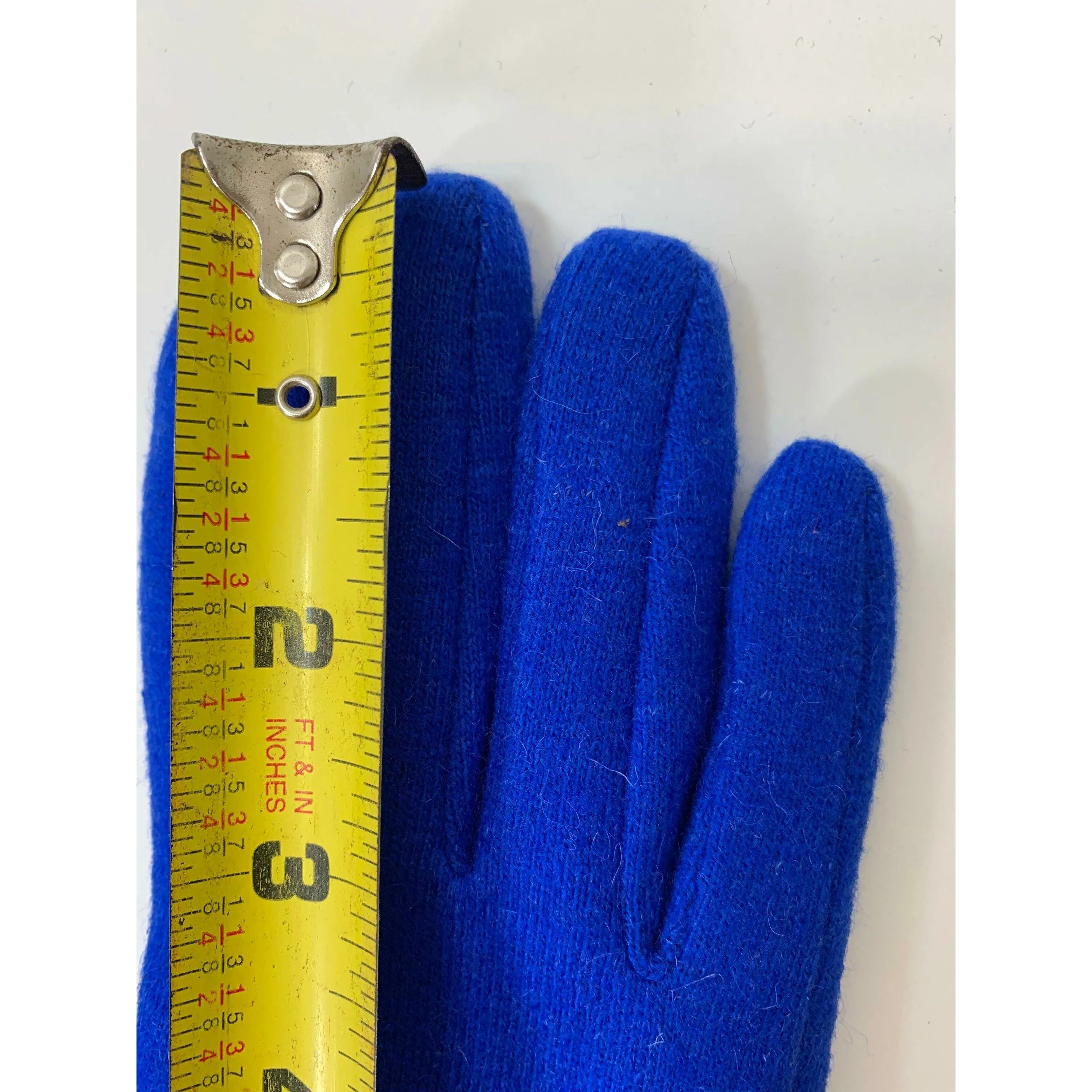 Fully lined blue wool gloves in soft stretch wool and recycled sweater cuffs. Free shipping.