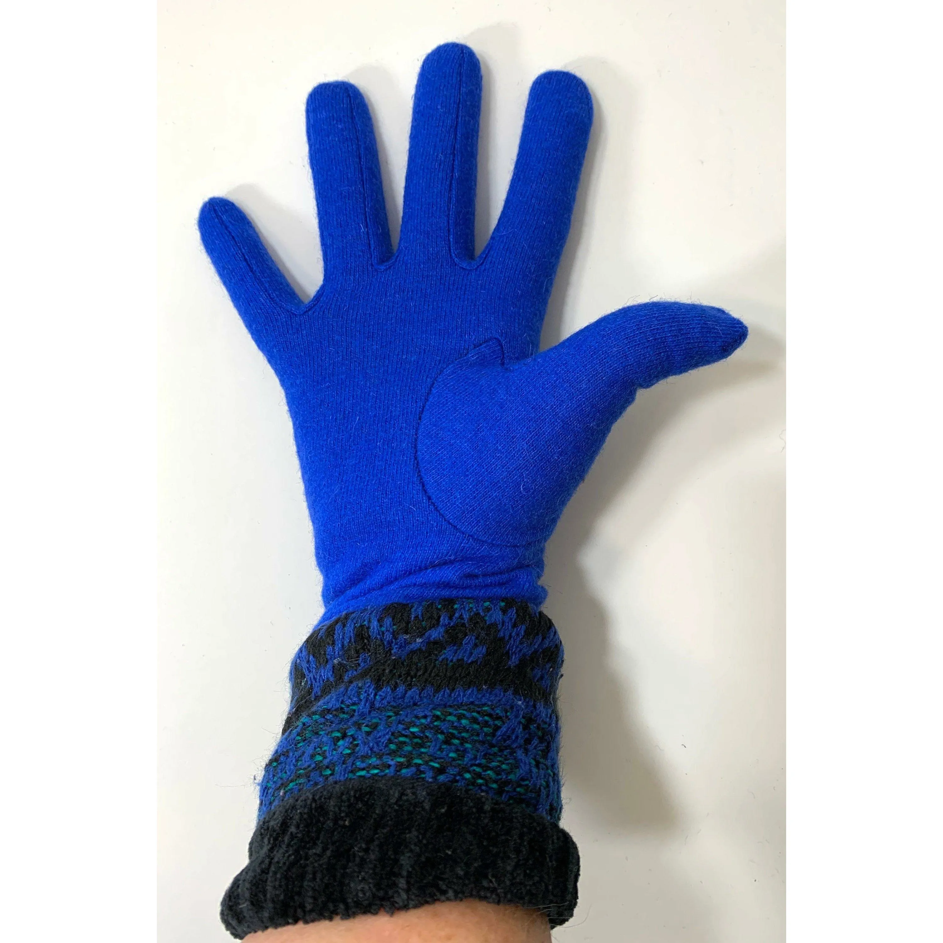 Fully lined blue wool gloves in soft stretch wool and recycled sweater cuffs. Free shipping.