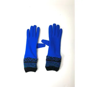 Fully lined blue wool gloves in soft stretch wool and recycled sweater cuffs. Free shipping.
