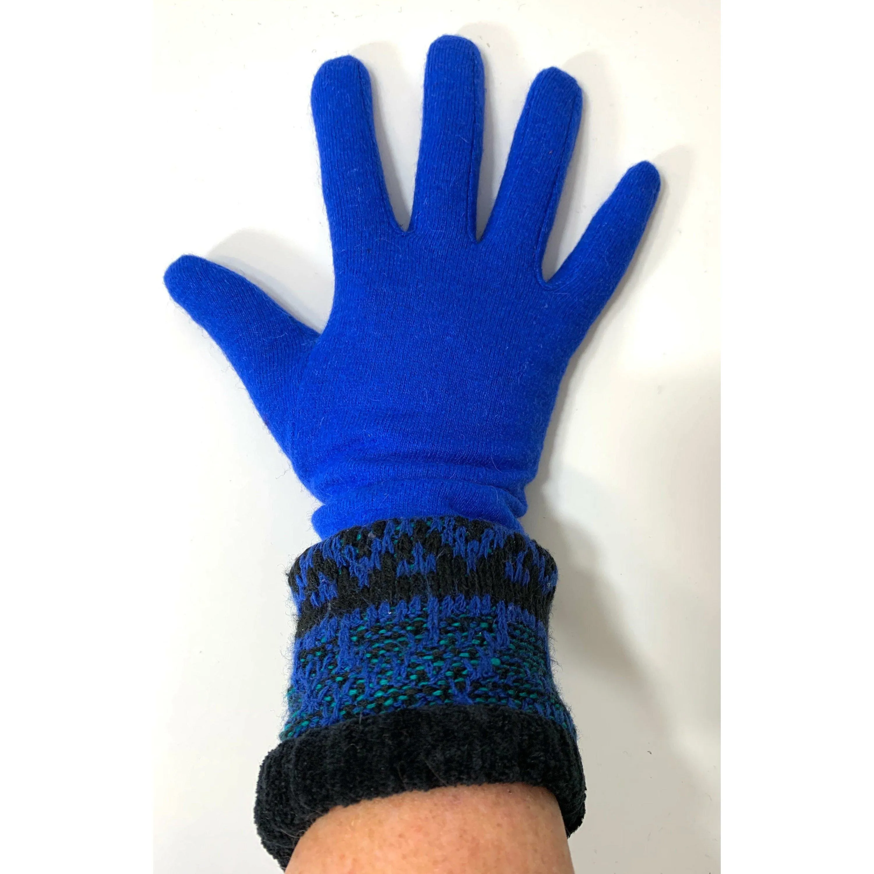 Fully lined blue wool gloves in soft stretch wool and recycled sweater cuffs. Free shipping.