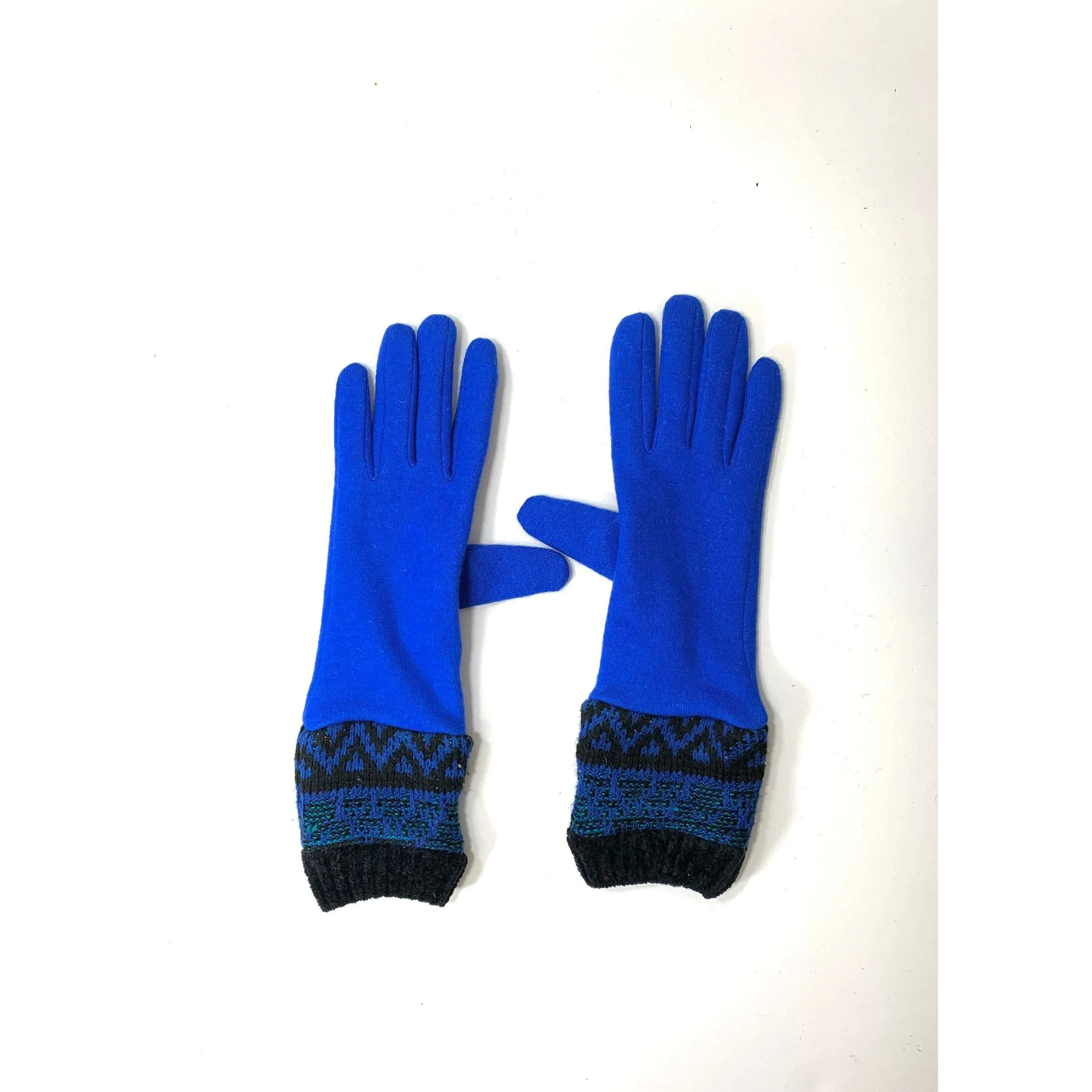 Fully lined blue wool gloves in soft stretch wool and recycled sweater cuffs. Free shipping.