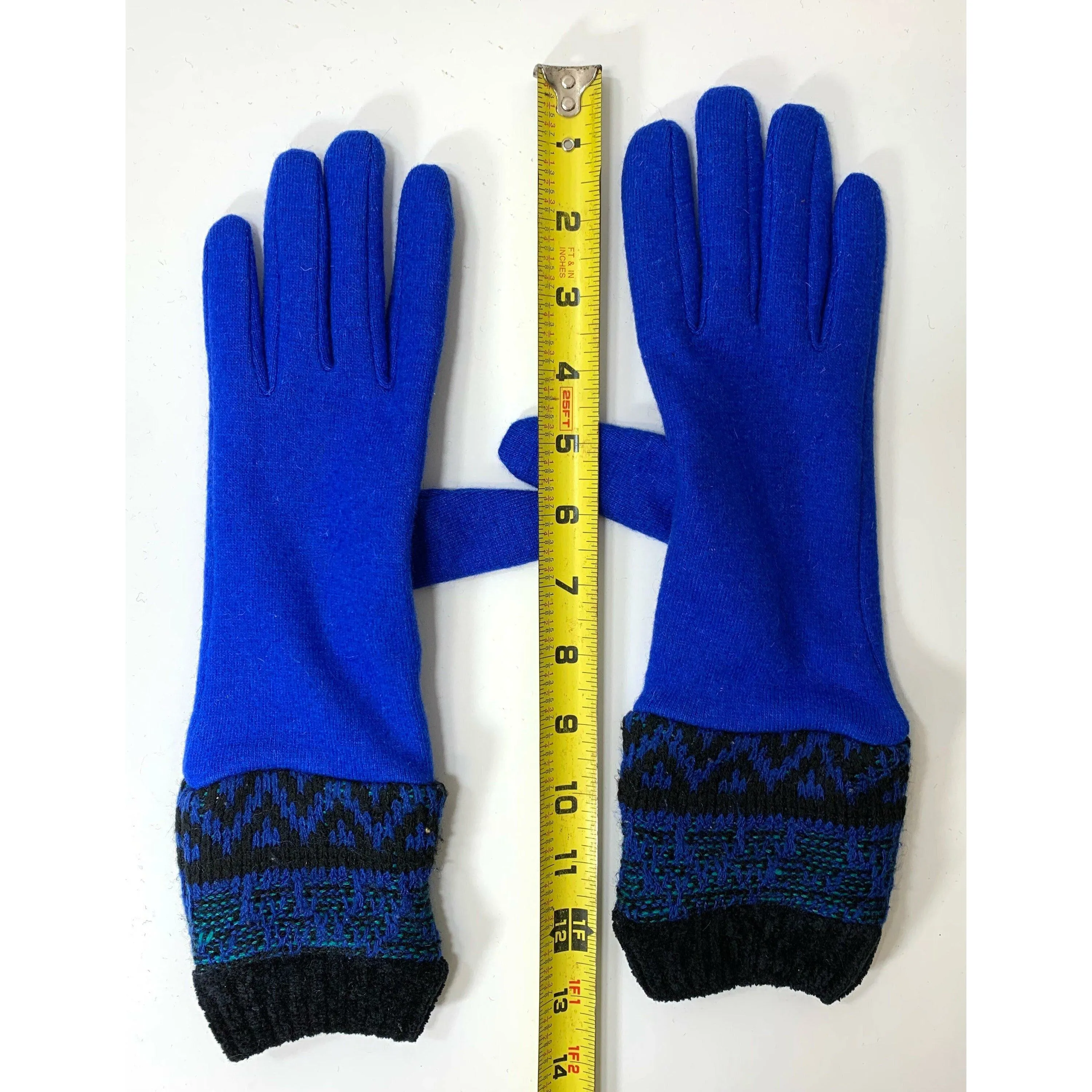Fully lined blue wool gloves in soft stretch wool and recycled sweater cuffs. Free shipping.