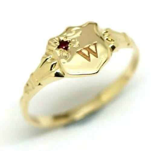 Genuine 9ct Small Yellow, Rose or White Gold Childs Ruby Shield Signet Ring   engraving of 1 initial