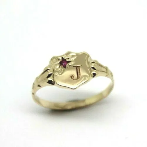 Genuine 9ct Small Yellow, Rose or White Gold Childs Ruby Shield Signet Ring   engraving of 1 initial