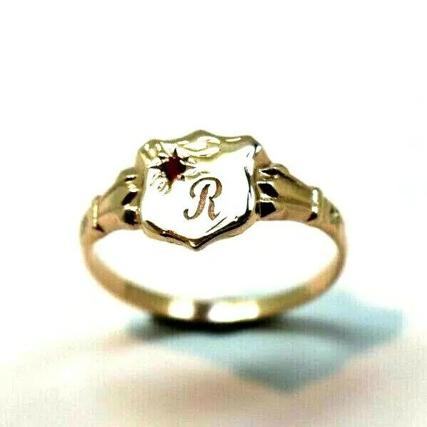 Genuine 9ct Small Yellow, Rose or White Gold Childs Ruby Shield Signet Ring   engraving of 1 initial