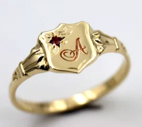 Genuine 9ct Small Yellow, Rose or White Gold Childs Ruby Shield Signet Ring   engraving of 1 initial