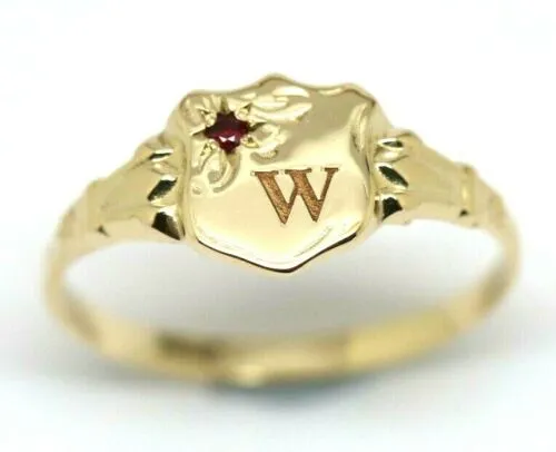 Genuine 9ct Small Yellow, Rose or White Gold Childs Ruby Shield Signet Ring   engraving of 1 initial