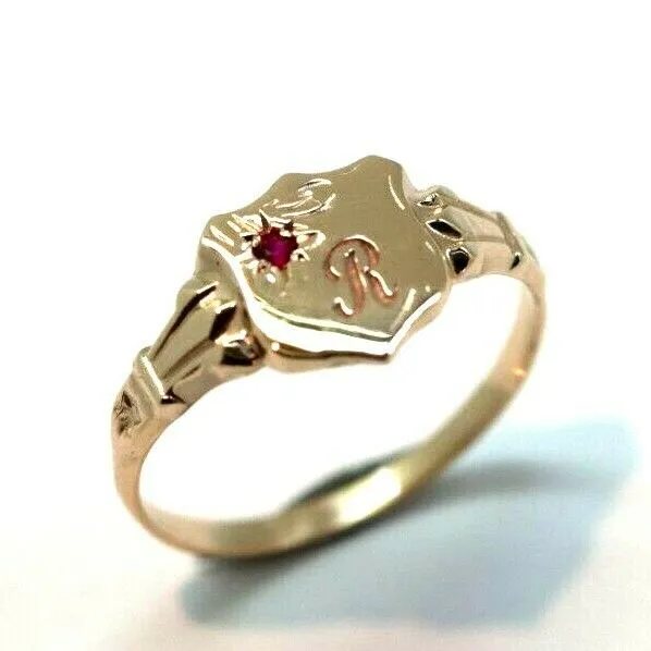 Genuine 9ct Small Yellow, Rose or White Gold Childs Ruby Shield Signet Ring   engraving of 1 initial