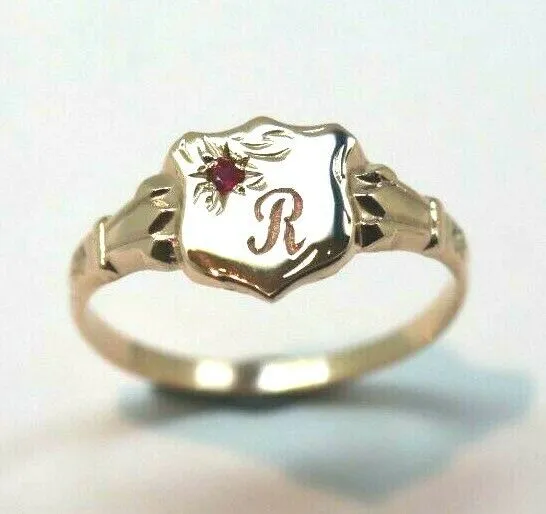 Genuine 9ct Small Yellow, Rose or White Gold Childs Ruby Shield Signet Ring   engraving of 1 initial