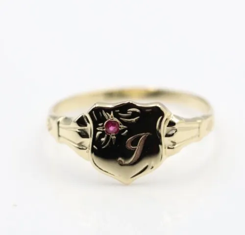 Genuine 9ct Small Yellow, Rose or White Gold Childs Ruby Shield Signet Ring   engraving of 1 initial