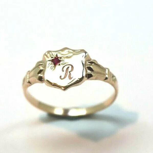 Genuine 9ct Small Yellow, Rose or White Gold Childs Ruby Shield Signet Ring   engraving of 1 initial