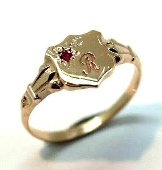 Genuine 9ct Small Yellow, Rose or White Gold Childs Ruby Shield Signet Ring   engraving of 1 initial
