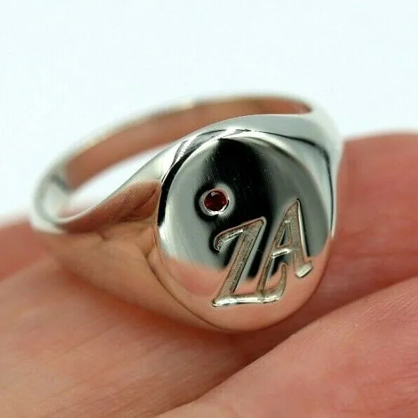 Genuine New Size N Sterling Silver 925 Solid Heavy Signet Ring Garnet   Engraving