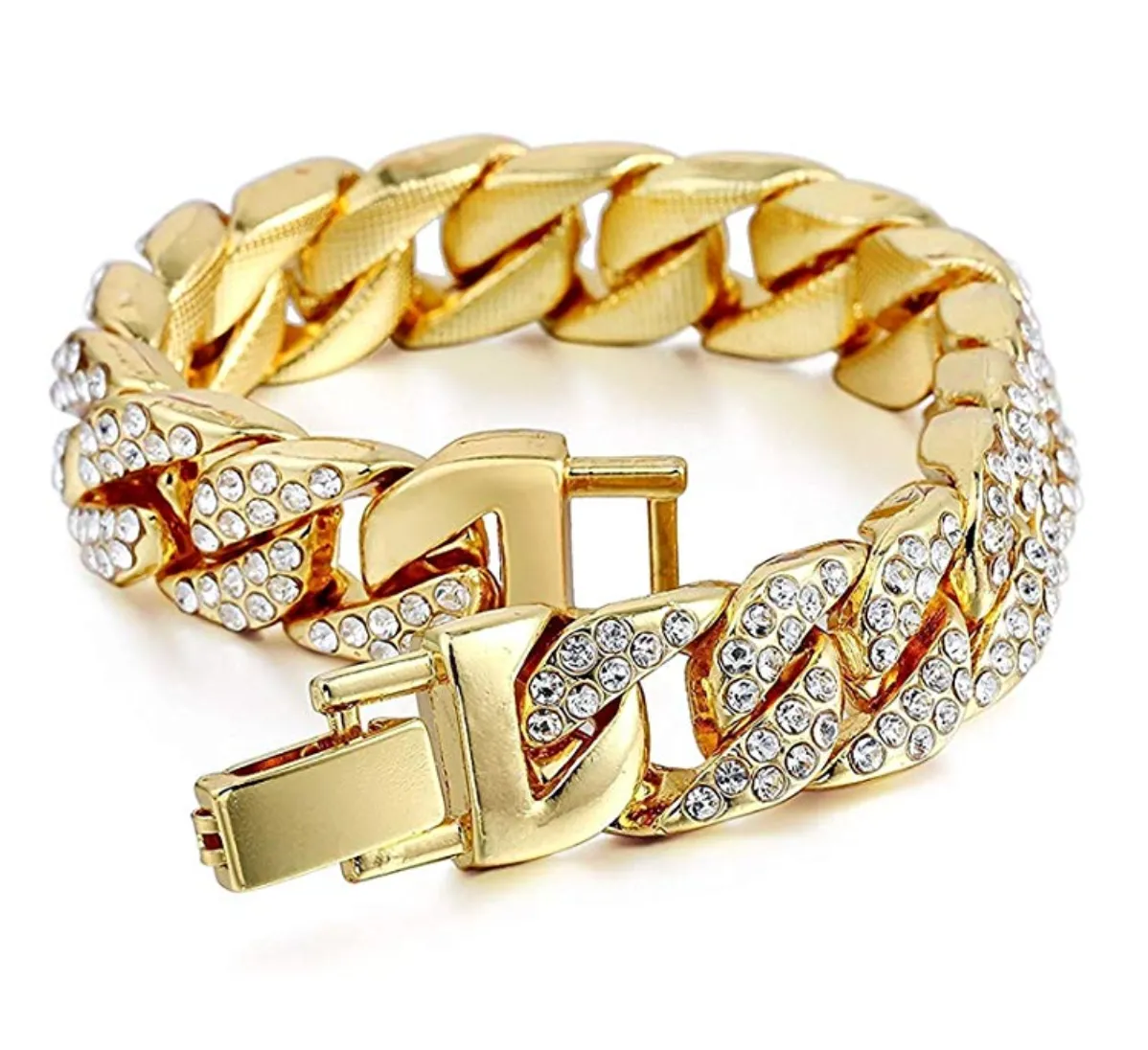 Gold Color Watch Simulated Diamond Bundle Cuban Bracelet Tennis Necklace Bust Down Ring Set