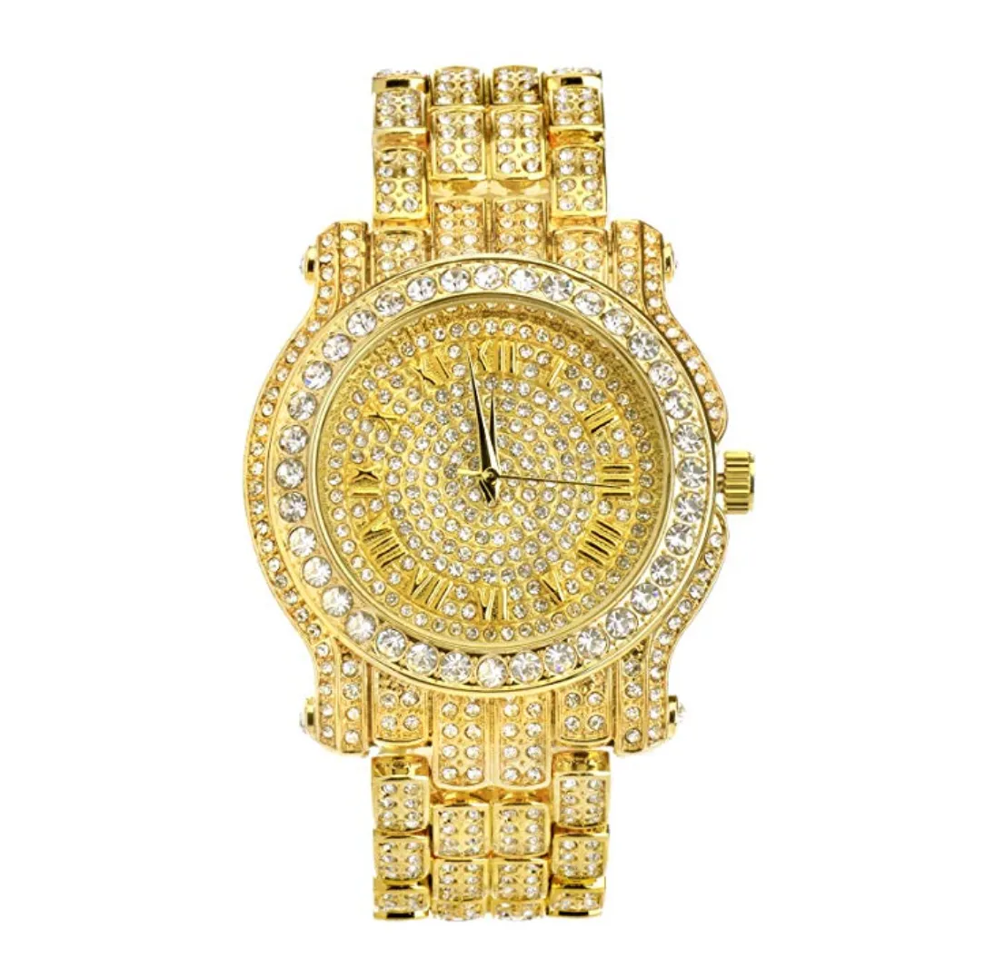 Gold Color Watch Simulated Diamond Bundle Cuban Bracelet Tennis Necklace Bust Down Ring Set