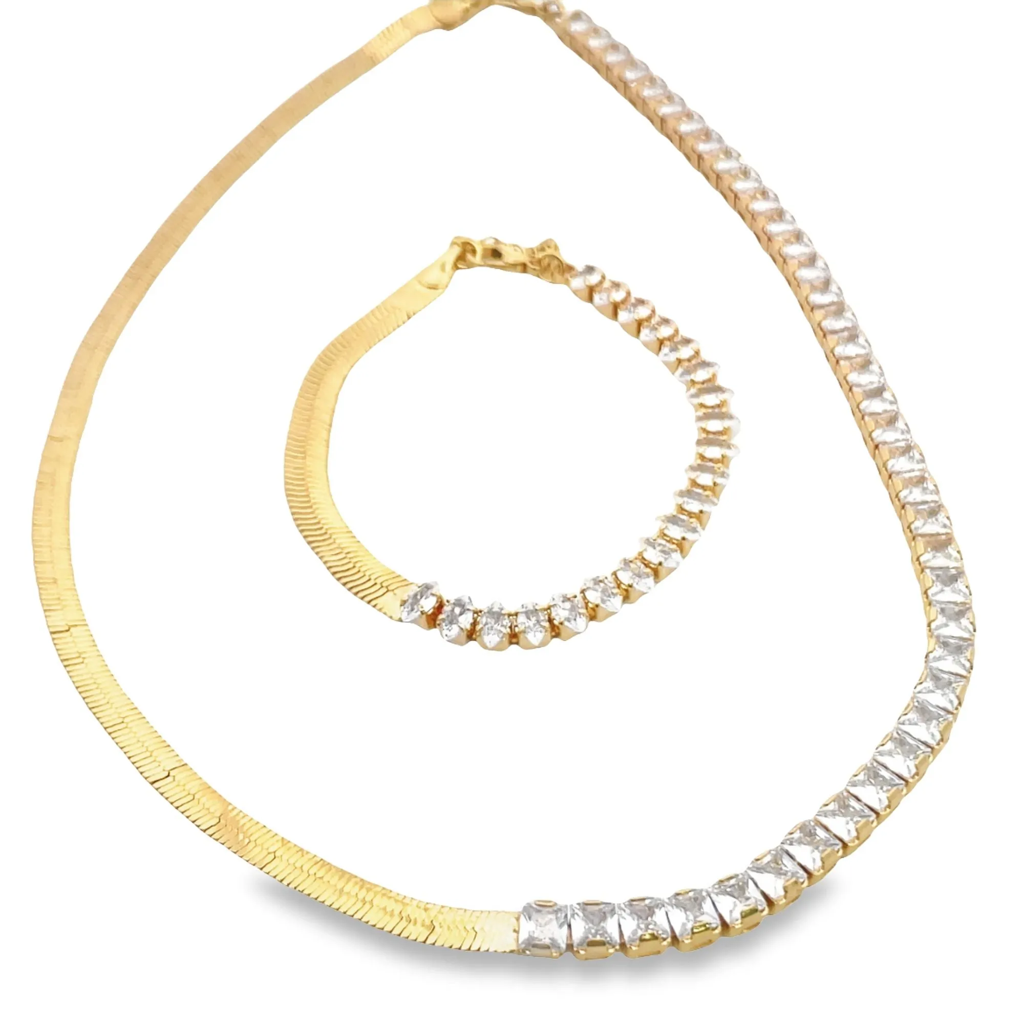 Gold Half CZ Stone Half Snake Chain Necklace (H196)(I550)