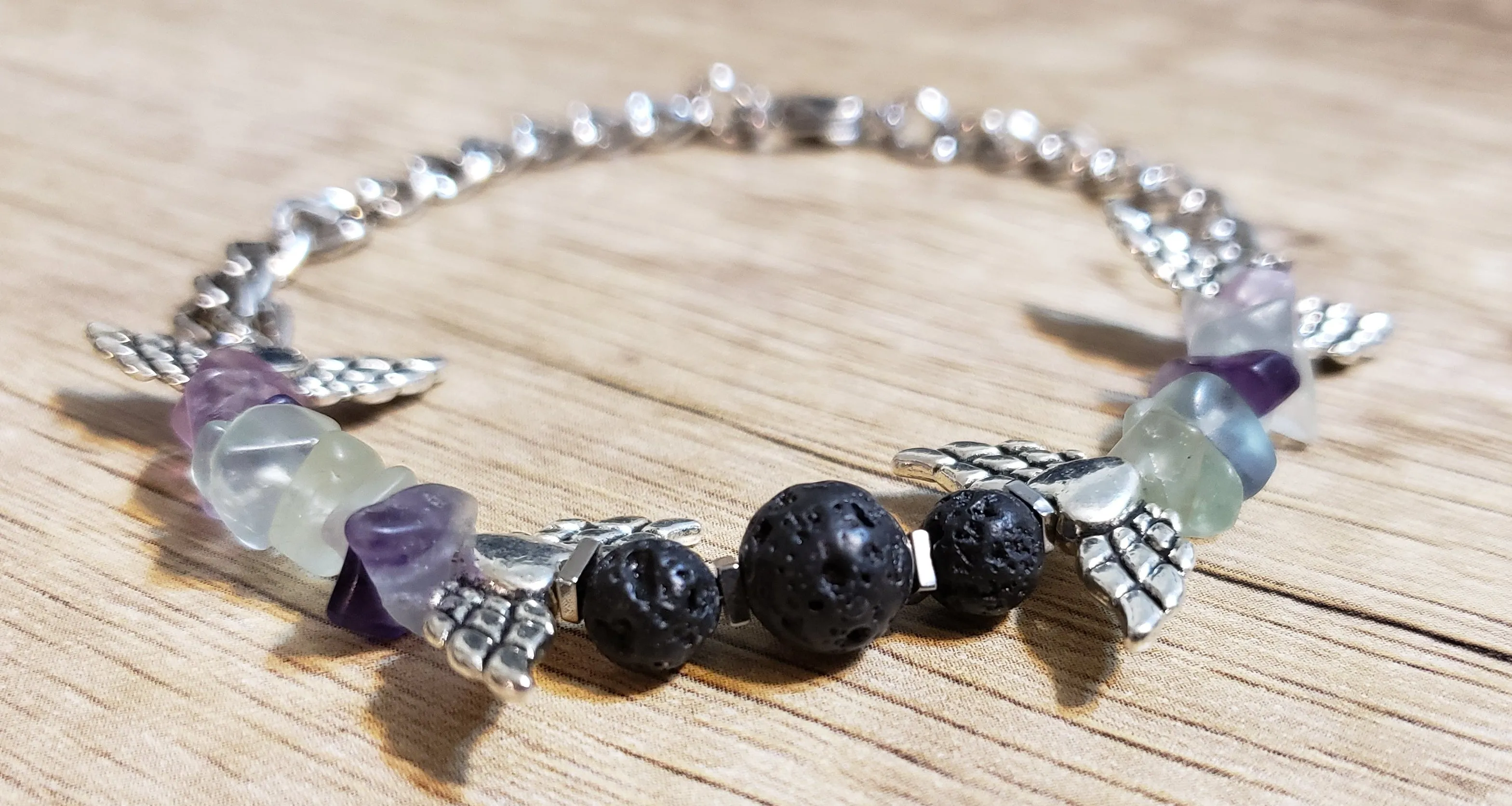 Hand Crafted All Natural Multi Color Flourite & Chain Bracelet with Lava Rocks. Non Tarnish & Fully Adjustable to 8.5" with Lobster Claw Clasp