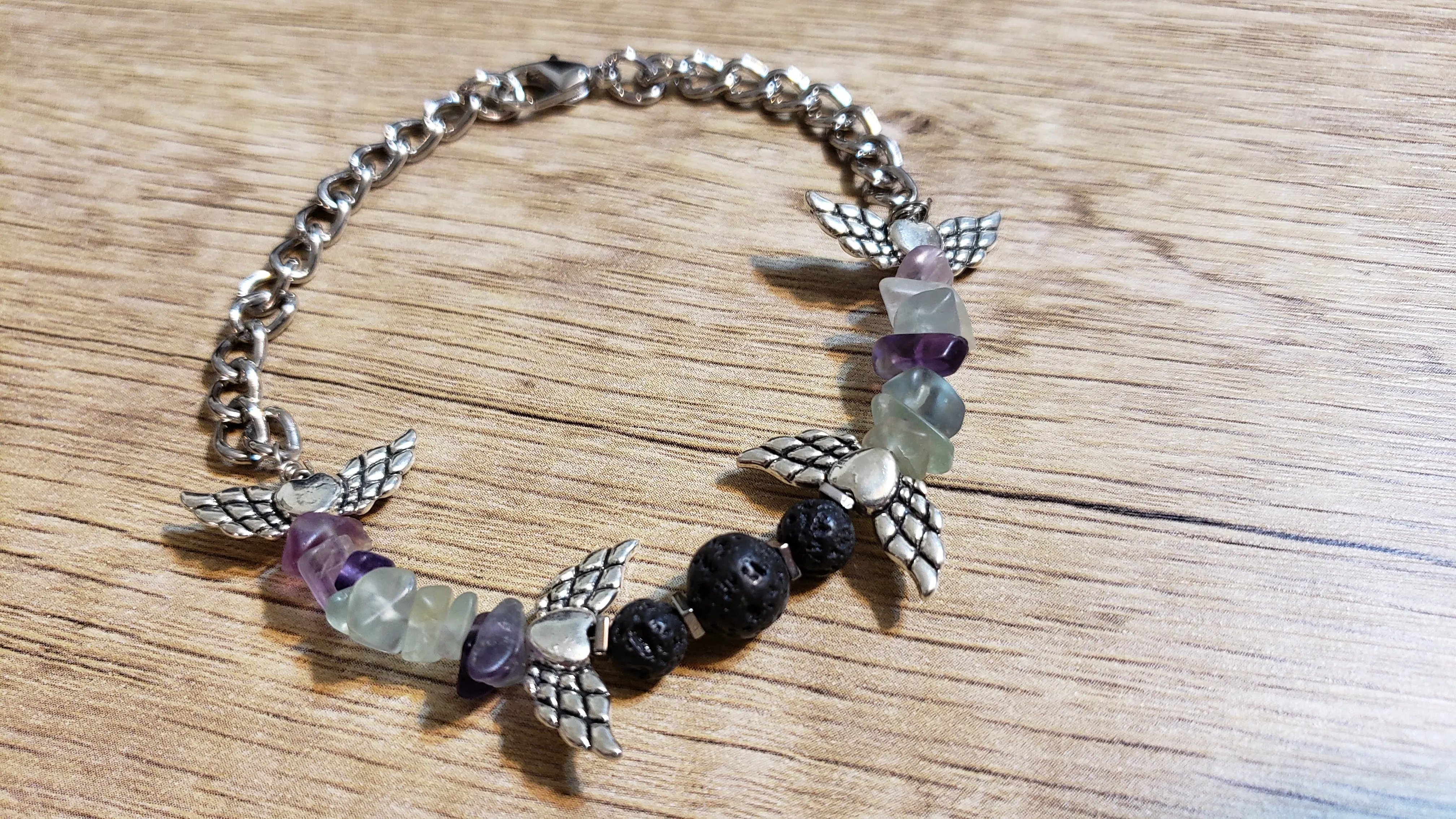 Hand Crafted All Natural Multi Color Flourite & Chain Bracelet with Lava Rocks. Non Tarnish & Fully Adjustable to 8.5" with Lobster Claw Clasp