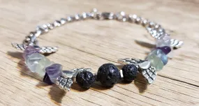 Hand Crafted All Natural Multi Color Flourite & Chain Bracelet with Lava Rocks. Non Tarnish & Fully Adjustable to 8.5" with Lobster Claw Clasp