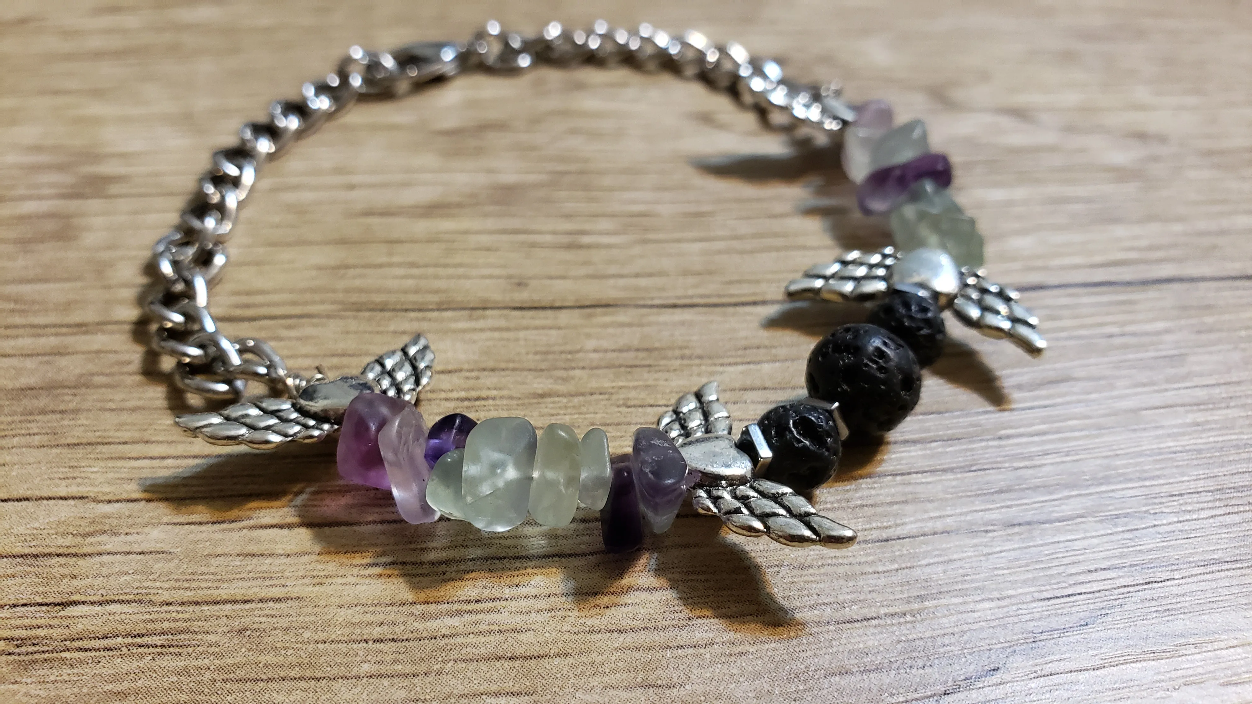 Hand Crafted All Natural Multi Color Flourite & Chain Bracelet with Lava Rocks. Non Tarnish & Fully Adjustable to 8.5" with Lobster Claw Clasp