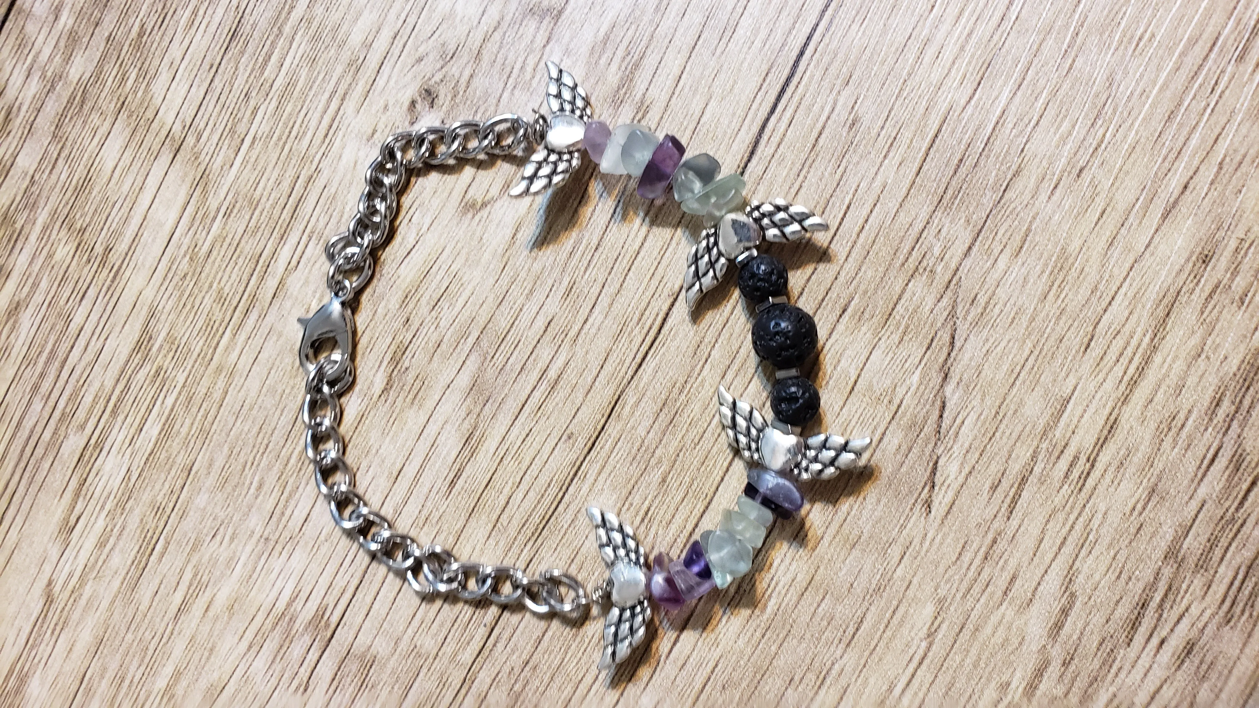 Hand Crafted All Natural Multi Color Flourite & Chain Bracelet with Lava Rocks. Non Tarnish & Fully Adjustable to 8.5" with Lobster Claw Clasp