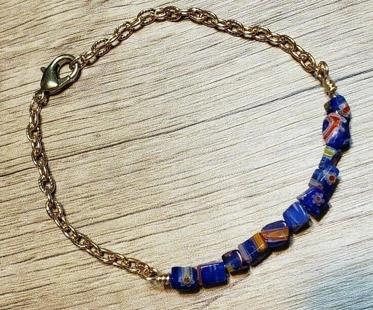 Hand Crafted, Painted Blue Millefiori Glass & Gold Tone Chain Bracelet. Adjustable to 8.5" with Lobster Claw Clasp