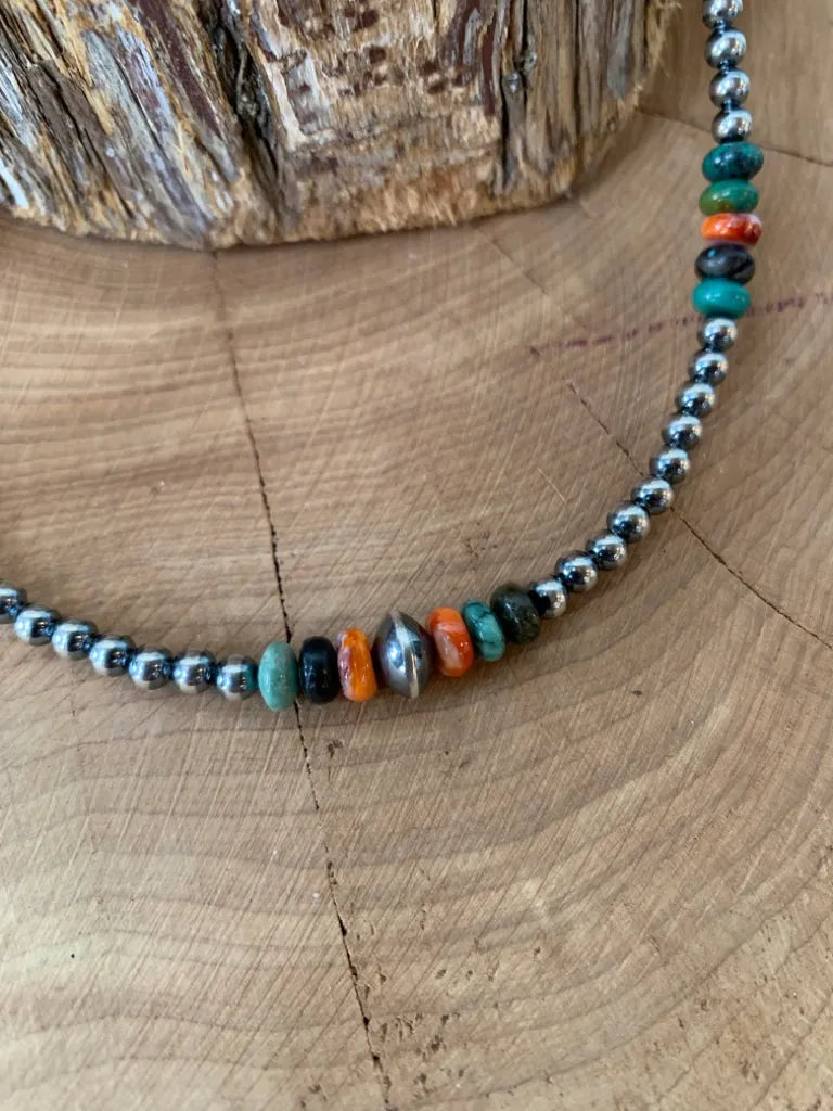 Handmade Sterling Silver Pearl Choker Necklace Turquoise & Spiny