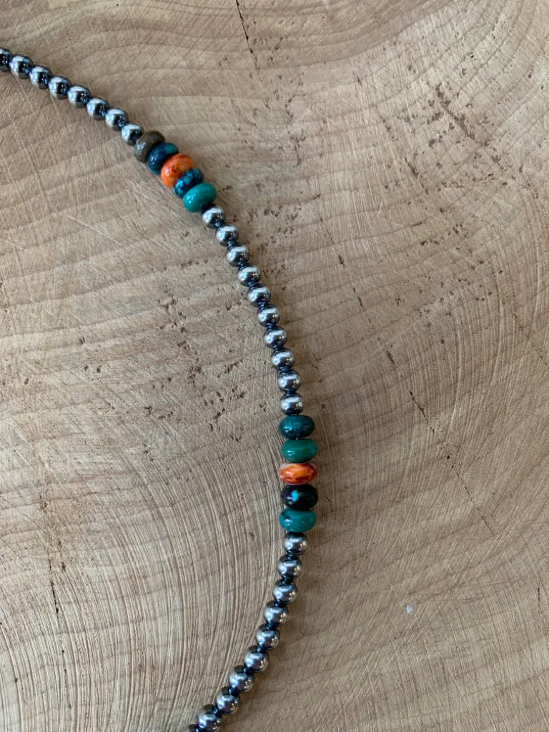 Handmade Sterling Silver Pearl Choker Necklace Turquoise & Spiny