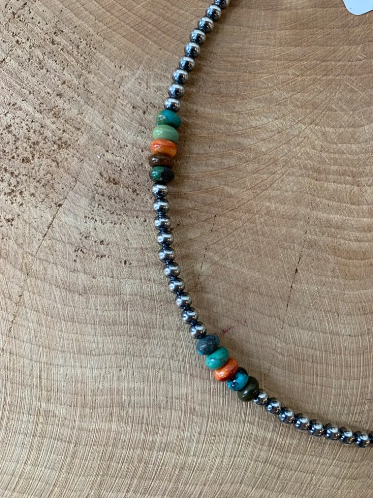 Handmade Sterling Silver Pearl Choker Necklace Turquoise & Spiny