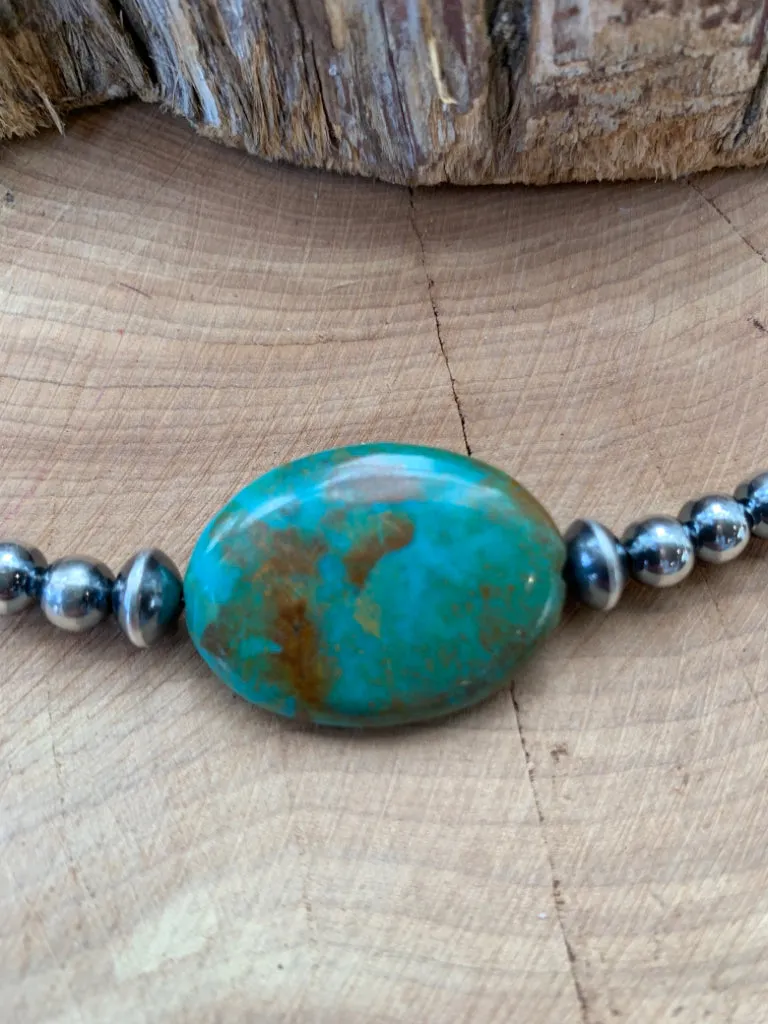 Handmade Sterling Silver Pearls 16" Necklace with Oval Turquoise Stone